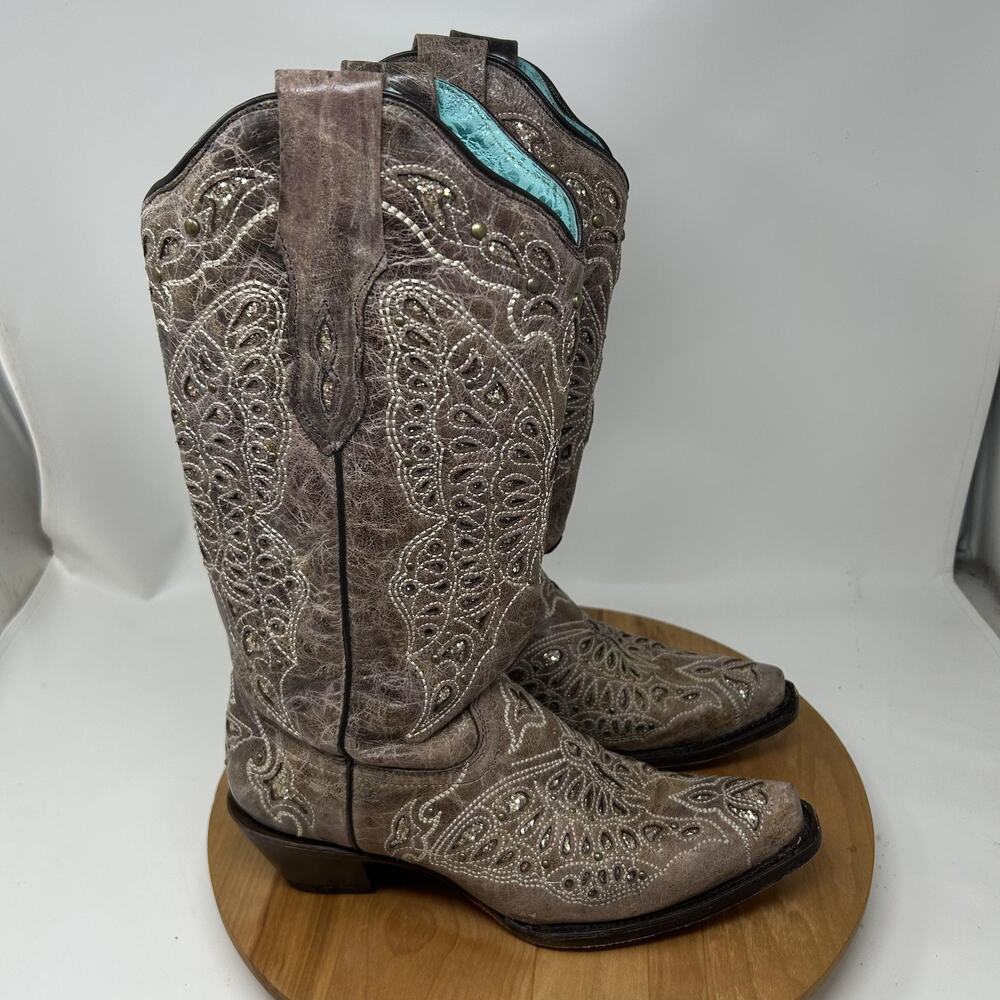 Corral Boots Women 9.5 Butterfly Glitter Western Cowboy Leather Brown Cowgirl